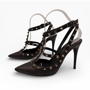 Valentino Garavani Noir Rockstud Sz 38 Black Leather TStrap Heels Pumps US 8 7.5